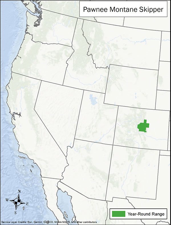 Pawnee montane skipper range map. Range is a small portion of Colorado.