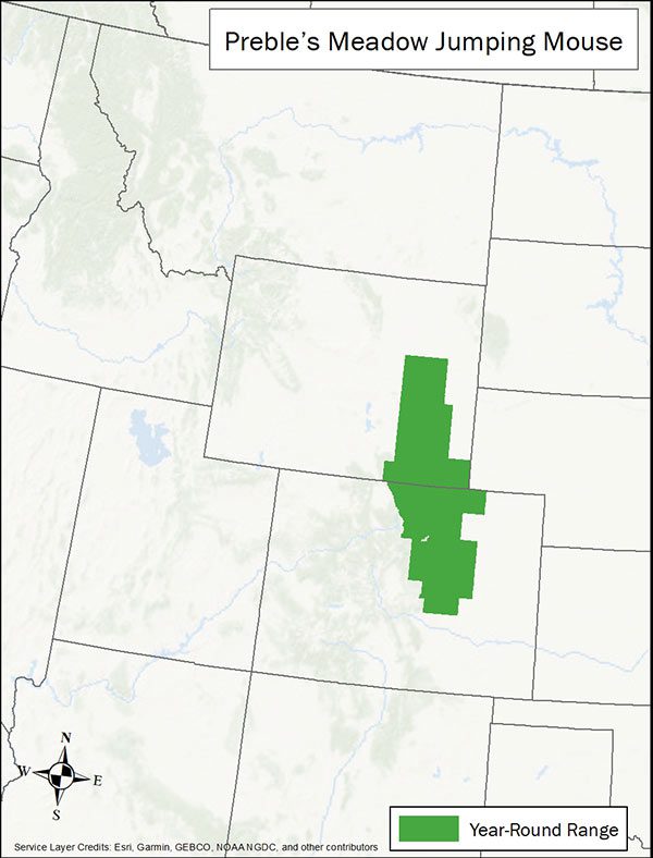 Preble's meadow jumping mouse range map. Range is southeast Wyoming and north central Colorado.