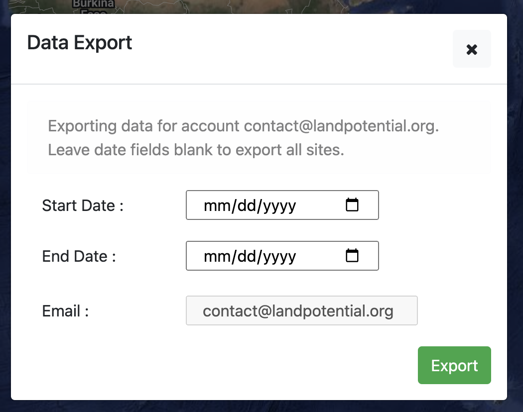 data export screen showing start and end date fields