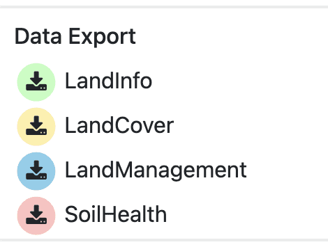 data export section with four subsections - LandInfo, LandCover, LandManagement, and SoilHealth