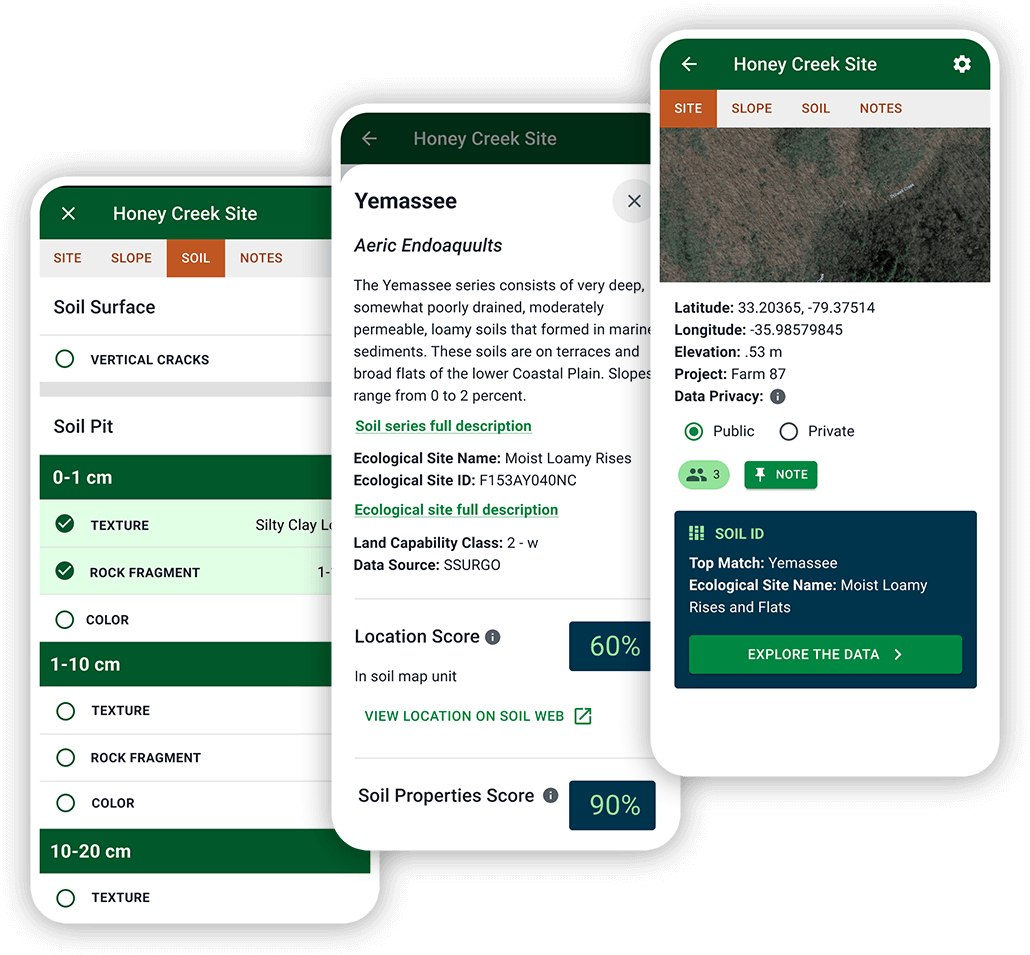 Screenshots of the LandPKS Soil ID app