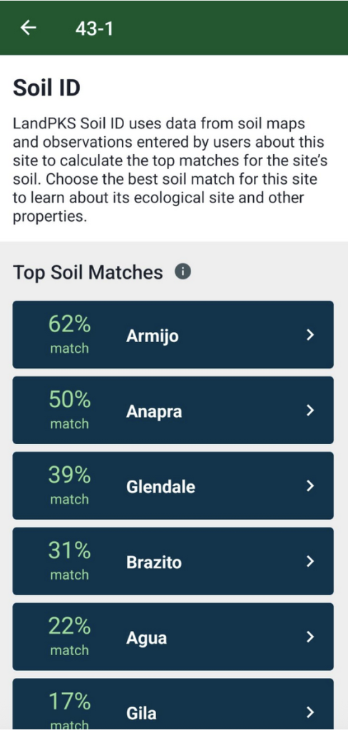 A screenshot of the soil id dashboard, with a list of possible soil matches