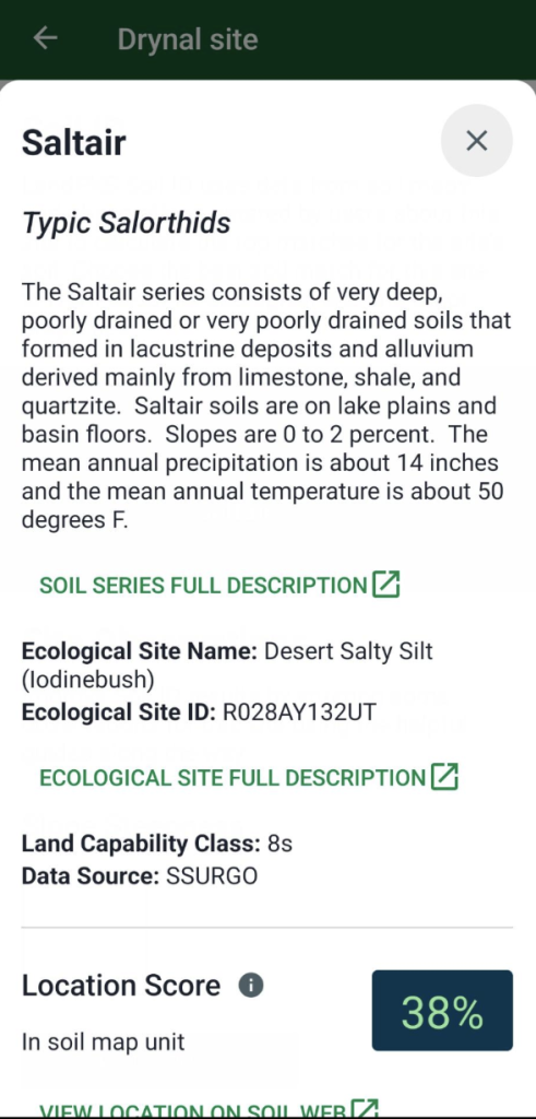 a screenshot of a soil info sheet, providing a soil name, component name, description, ecological site, and land capability classification