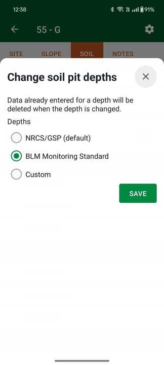 a screenshot of a sheet where the user can change soil pit depths. the options are nrcs/gsp, blm monitoring standard, and custom