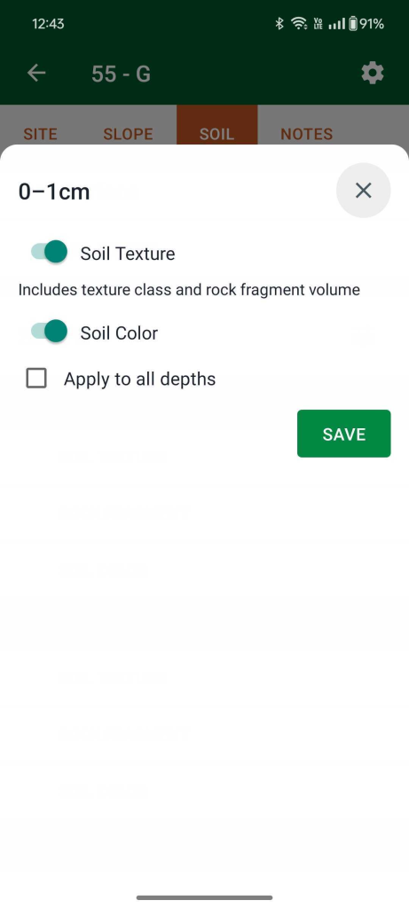 a bottom sheet in which the user can describe soil texture and soil color