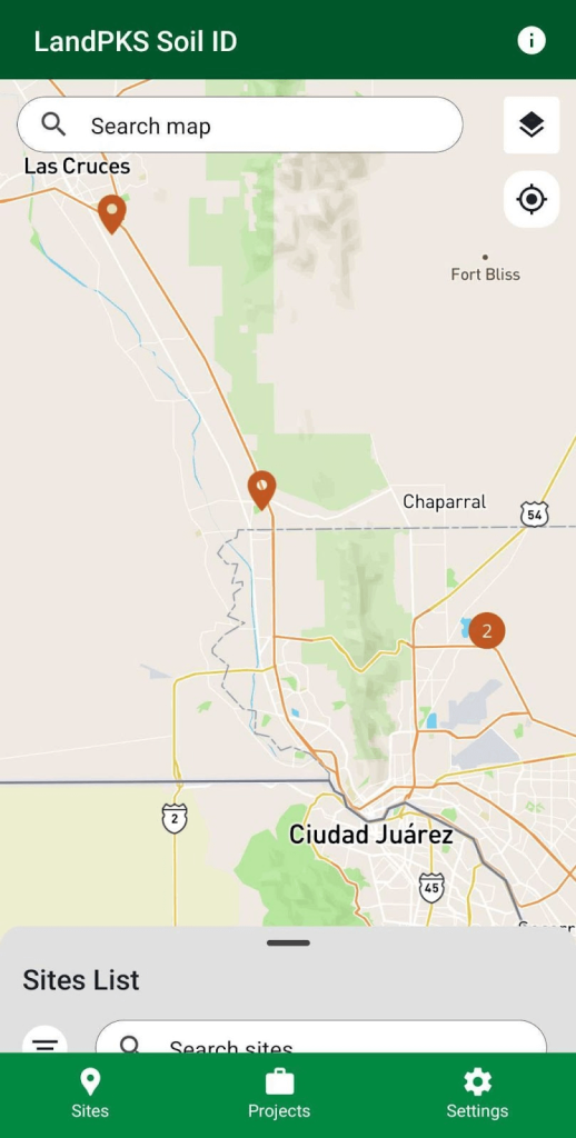 Map showing orange Site pins.