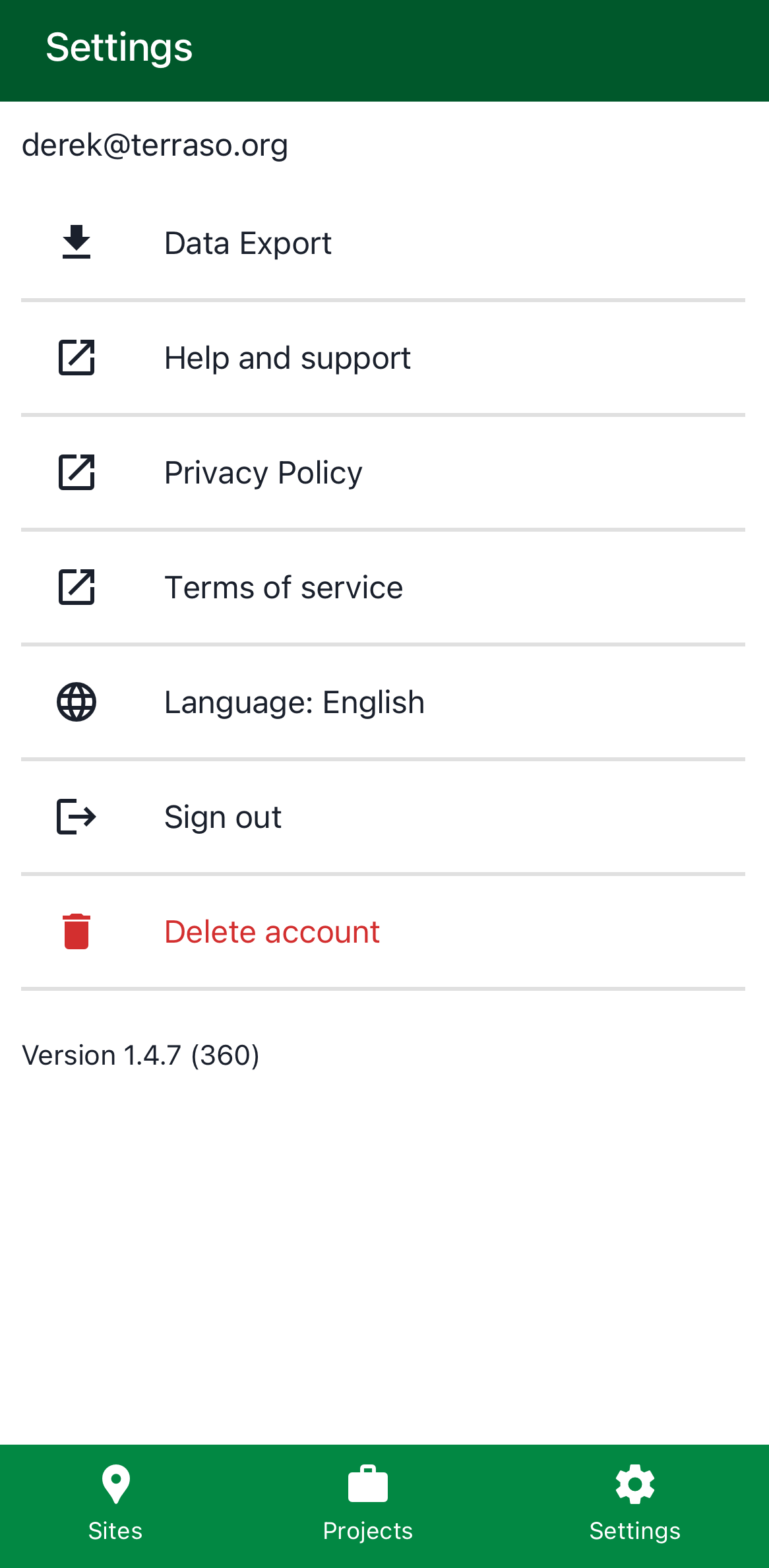 A settings screen, with options to delete an account.