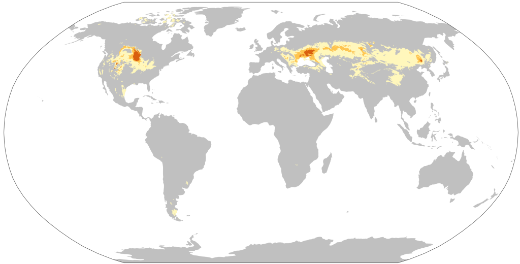 World map showing distribution of chernozem soils according to the World Reference Base for Soil Resources classification.