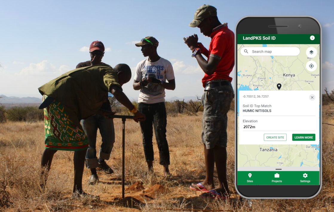 A Kenyan woman and three men gather around a soil poil pit. A phone with a screenshot on it is in the foreground.