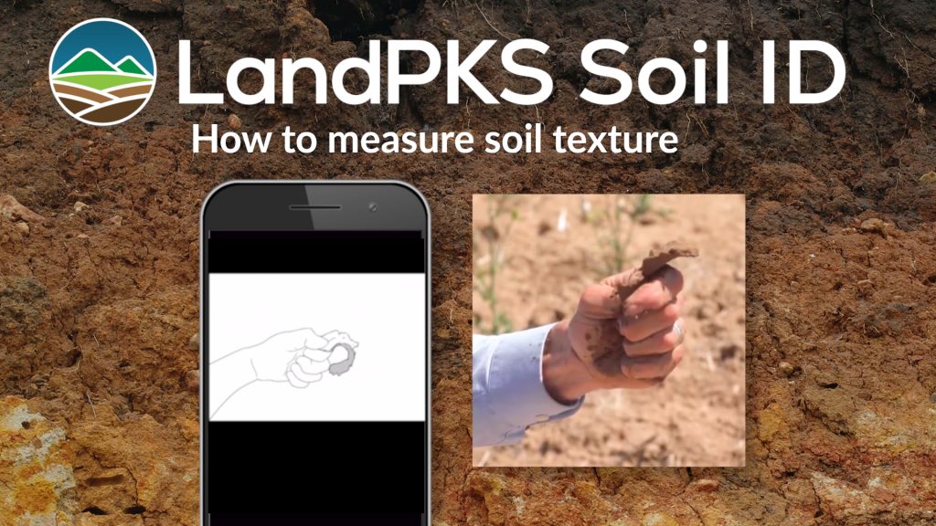 LandPKS Soil ID logo, with the words "How to measure soil texture" above a picture of a phone and a hand making a soil ribbon