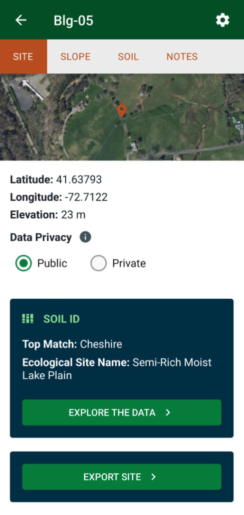 The LandPKS dashboard: a green "export site" button is visible.