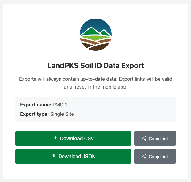A web page with buttons allowing users to download CSV and JSON or share a link