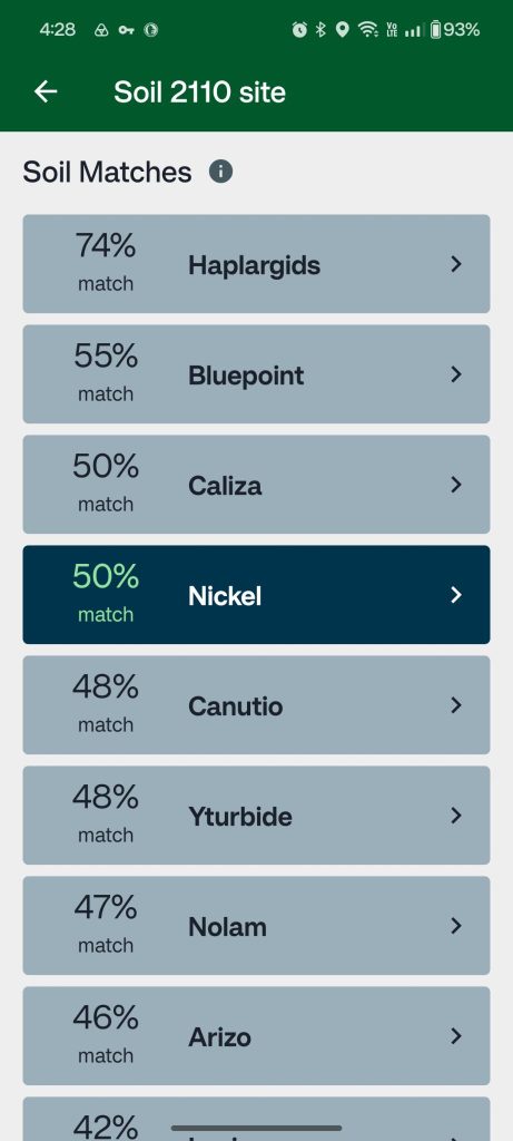 Selected Soil A soil is selected in a list of possible matches, causing it to be highlighted among the soil list
