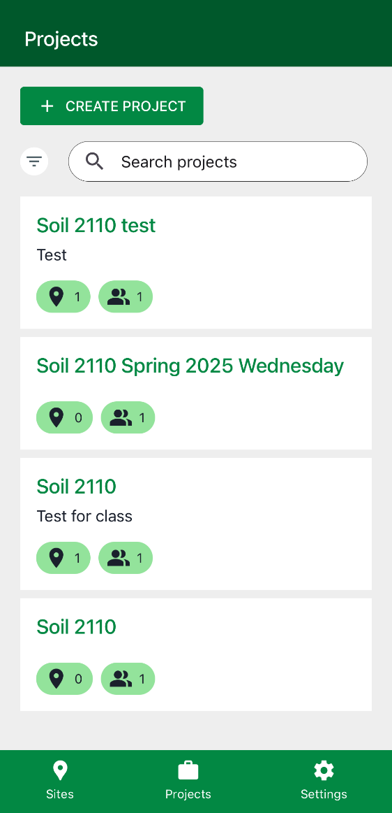 Four projects in the  Projects screen in LandPKS Soil ID