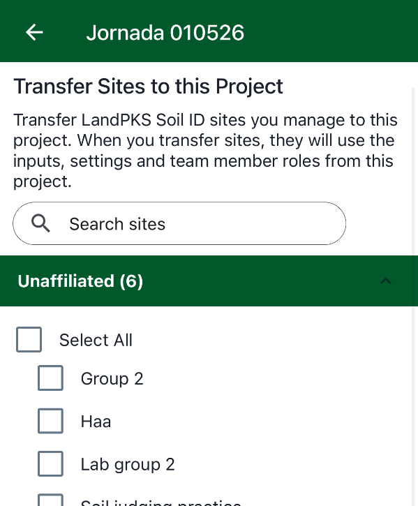 Transfer sites screen a list of sites that can be transferred into a project