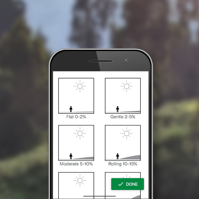 Slope Picker A phone depicts a pictogram options for determining slope steepnees